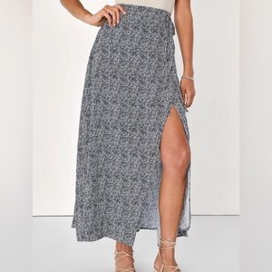 Lulus Beautiful Tempest Navy Blue Print Wrap Maxi Skirt - Size Small